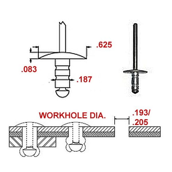 Blind Rivet, Large Flanged Head, 0.1875 in Dia., 0.44 in L, Aluminum Body, 1000 PK